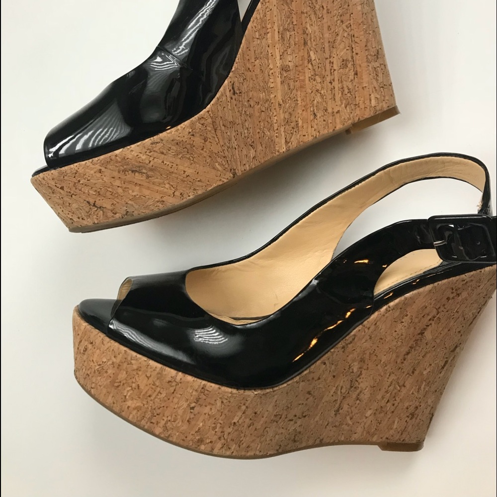 Gianni Bini black peep toe patent leather wedge